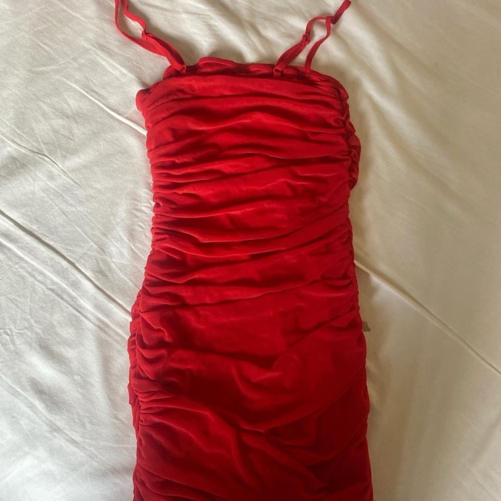Vibrant Red Ruched Mini Dress - Picture 2 of 3